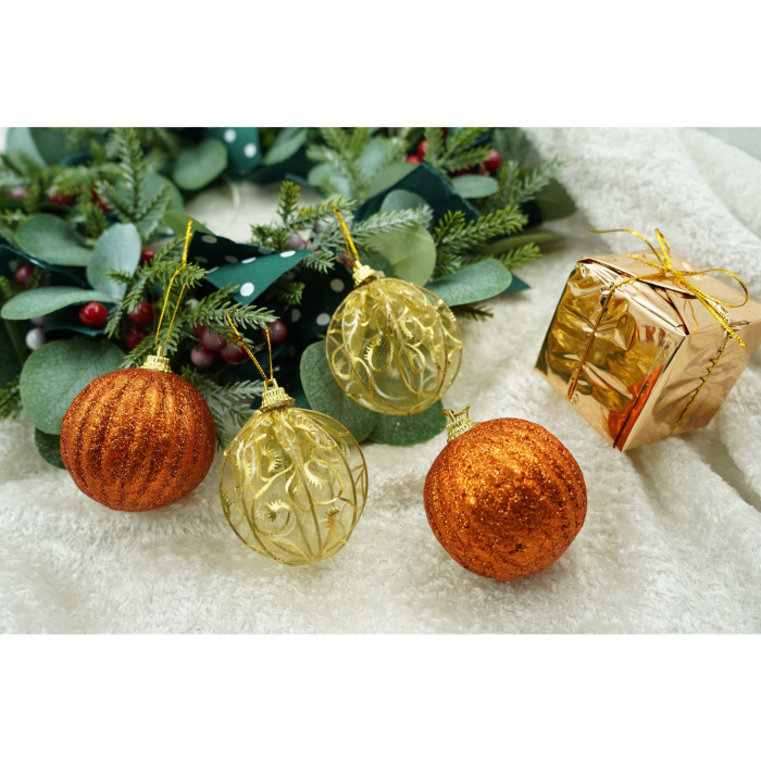 Set de 12 ornamente de brad, Flippy, de tip Glob, Cupru/ Auriu, din polistiren, cu finisaj sclipitor , cutie  6  cm adancime x 23  cm lungime x 18  cm inaltime [2]