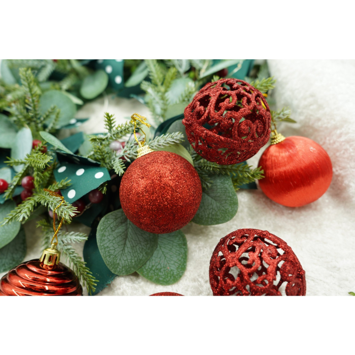 Set de 12 ornamente de brad, Flippy, de tip Glob, Rosu, din polistiren, cu finisaj sclipitor , cutie  6  cm adancime x 23  cm lungime x 18  cm inaltime [3]