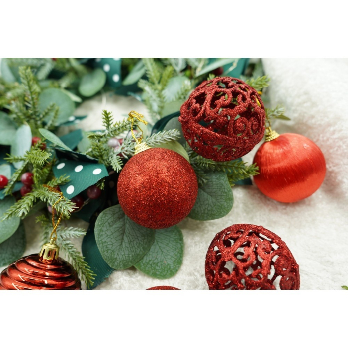 Set de 12 ornamente de brad, Flippy, de tip Glob, Rosu, din polistiren, cu finisaj sclipitor , cutie  6  cm adancime x 23  cm lungime x 18  cm inaltime [8]