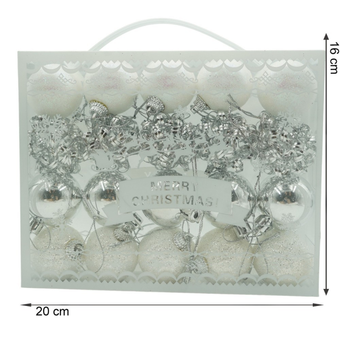 Set de 20 ornamente de brad, Flippy, de tip Glob, Alb/ Argintiu, din polistiren, cu finisaj sclipitor , cutie  4  cm adancime x 20  cm lungime x 16  cm inaltime [11]