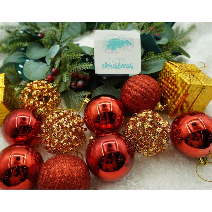 Set de 20 ornamente de brad, Flippy, de tip Glob, Rosu/ Auriu, din polistiren, cu finisaj sclipitor , cutie  6  cm adancime x 29  cm lungime x 24  cm inaltime [8]