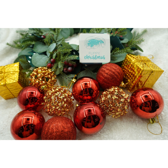 Set de 20 ornamente de brad, Flippy, de tip Glob, Rosu/ Auriu, din polistiren, cu finisaj sclipitor , cutie  6  cm adancime x 29  cm lungime x 24  cm inaltime [3]