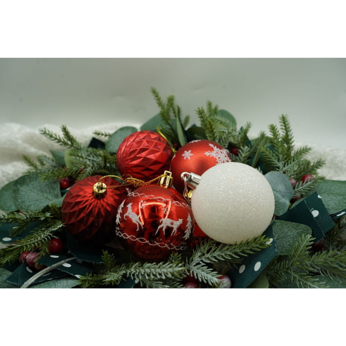 Set de 24 ornamente de brad, Flippy, de tip Glob, Alb/ Rosu, cu ø de 6 cm, din plastic, cu finisaj sclipitor , cutie  14  cm lungime x 32  cm inaltime x 14  cm adancime [2]