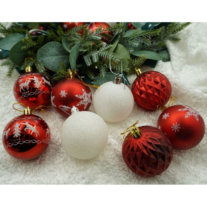 Set de 24 ornamente de brad, Flippy, de tip Glob, Alb/ Rosu, cu ø de 6 cm, din plastic, cu finisaj sclipitor , cutie  14  cm lungime x 32  cm inaltime x 14  cm adancime [6]