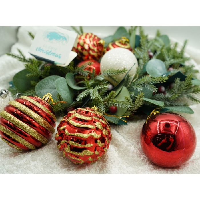 Set de 24 ornamente de brad, Flippy, de tip Glob, Alb/ Rosu, cu ø de 7 cm, din plastic, cu finisaj sclipitor , cutie  16  cm lungime x 36  cm inaltime x 16  cm adancime [10]