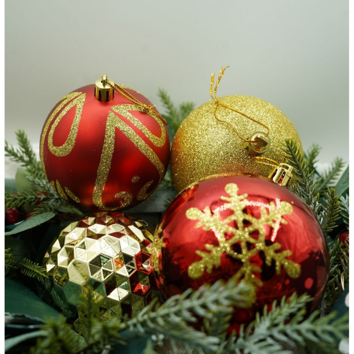 Set de 24 ornamente de brad, Flippy, de tip Glob, Rosu/ Auriu, cu ø de 8 cm, din plastic, cu finisaj sclipitor , cutie  19  cm lungime x 42  cm inaltime x 19  cm adancime [8]