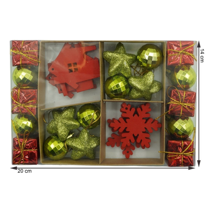 Set de 24 ornamente de brad, Flippy, de tip Glob, Rosu/ Auriu, din polistiren, cu finisaj sclipitor , cutie  3  cm adancime x 20  cm lungime x 14  cm inaltime [11]