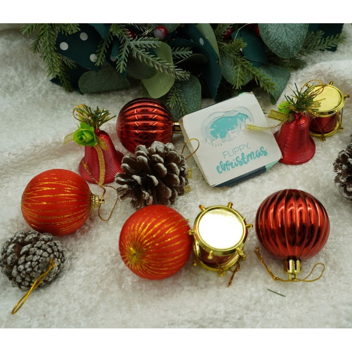 Set de 24 ornamente de brad, Flippy, de tip Glob, Rosu/ Maro, din polistiren, cu finisaj sclipitor , cutie  5  cm adancime x 29  cm lungime x 19  cm inaltime [9]