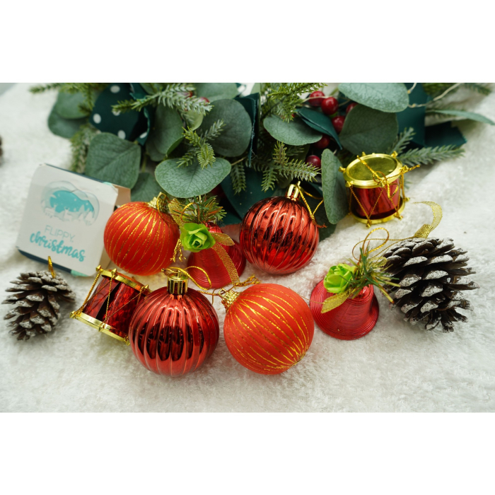 Set de 24 ornamente de brad, Flippy, de tip Glob, Rosu/ Maro, din polistiren, cu finisaj sclipitor , cutie  5  cm adancime x 29  cm lungime x 19  cm inaltime [2]