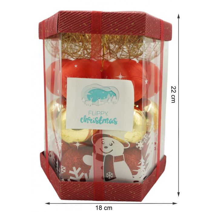 Set de 28 ornamente de brad, Flippy, de tip Glob, Rosu/ Auriu, din polistiren, cu finisaj sclipitor , cutie  18  cm adancime x 22  cm inaltime x 18  cm lungime) [6]