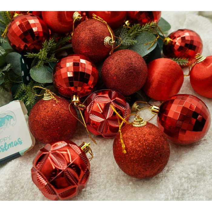 Set de 28 ornamente de brad, Flippy, de tip Glob, Rosu, din polistiren, cu finisaj sclipitor , cutie  18  cm adancime x 22  cm inaltime x 18  cm lungime) [6]