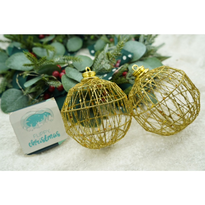 Set de 3 ornamente de brad, Flippy, de tip Glob, Auriu, cu ø de 10 cm, din metal, cu finisaj sclipitor , cutie  10  cm adancime x 30  cm lungime x 10  cm inaltime [3]