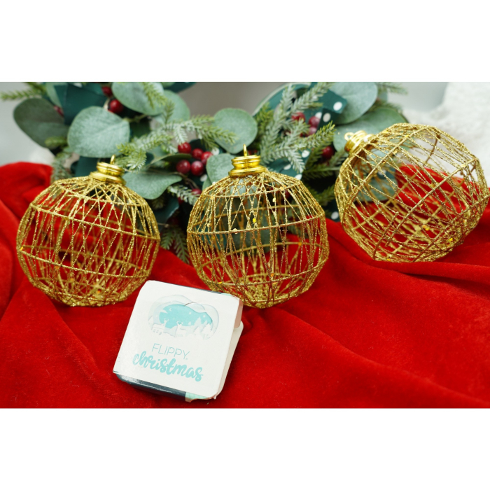 Set de 3 ornamente de brad, Flippy, de tip Glob, Auriu, cu ø de 10 cm, din metal, cu finisaj sclipitor , cutie  10  cm adancime x 30  cm lungime x 10  cm inaltime [5]