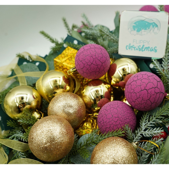 Set de 35 ornamente de brad, Flippy, de tip Glob, Auriu/ Mov, din polistiren, cu finisaj sclipitor , cutie  14  cm adancime x 23  cm inaltime x 14  cm lungime) [8]