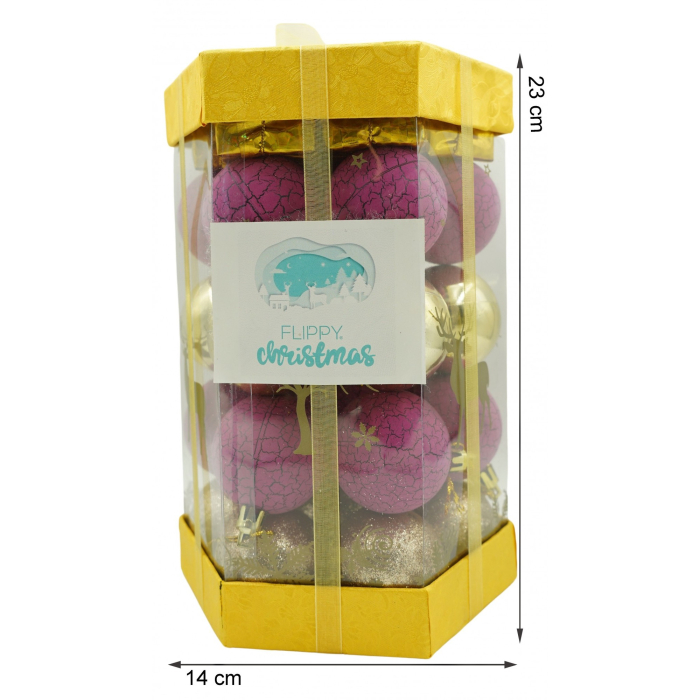 Set de 35 ornamente de brad, Flippy, de tip Glob, Auriu/ Mov, din polistiren, cu finisaj sclipitor , cutie  14  cm adancime x 23  cm inaltime x 14  cm lungime) [6]