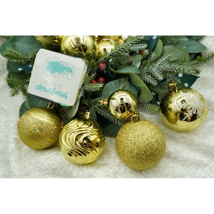 Set de 36 ornamente de brad, Flippy, de tip Glob, Auriu, cu ø de 6 cm, din plastic, cu finisaj sclipitor , cutie  14  cm lungime x 32  cm inaltime x 14  cm adancime [6]