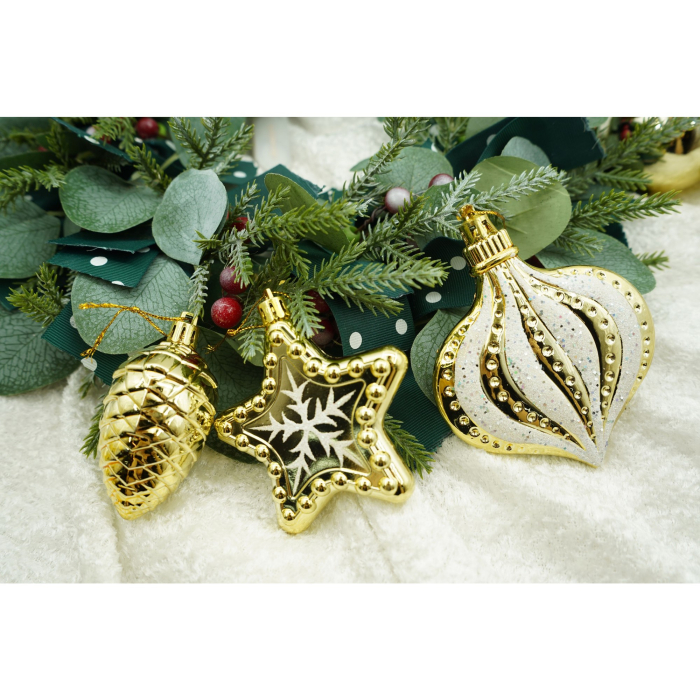 Set de 36 ornamente de brad, Flippy, de tip Glob, Auriu, din plastic, cu finisaj sclipitor , cutie  12  cm adancime x 24  cm inaltime x 18  cm lungime [2]