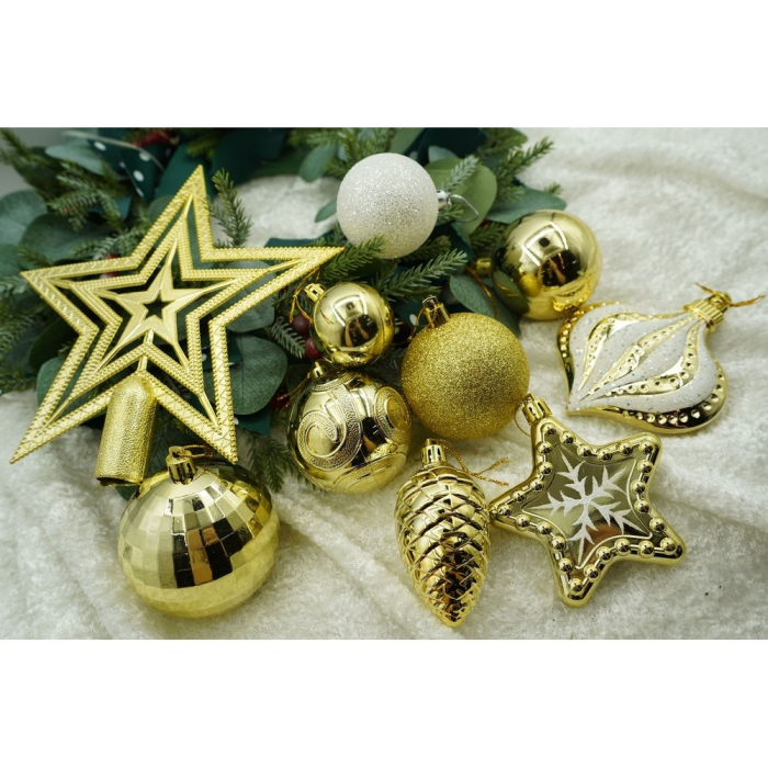 Set de 36 ornamente de brad, Flippy, de tip Glob, Auriu, din plastic, cu finisaj sclipitor , cutie  12  cm adancime x 24  cm inaltime x 18  cm lungime [6]