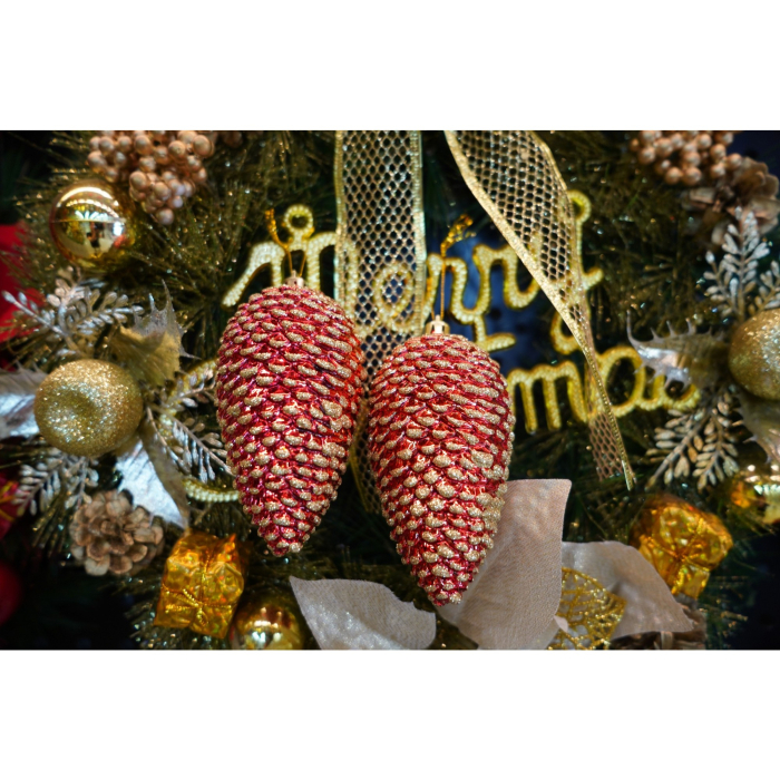 Set de 4 ornamente de brad, Flippy, de tip Con de brad, Rosu, cu ø de 5.5cm, din plastic, cu finisaj sclipitor , cutie  23  cm lungime x 10.5  cm inaltime x 5.5  cm adancime [4]