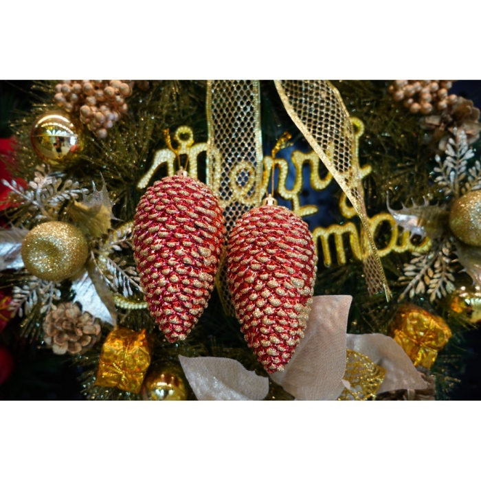 Set de 4 ornamente de brad, Flippy, de tip Con de brad, Rosu, cu ø de 5.5cm, din plastic, cu finisaj sclipitor , cutie  23  cm lungime x 10.5  cm inaltime x 5.5  cm adancime [9]