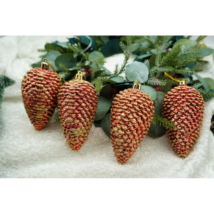 Set de 4 ornamente de brad, Flippy, de tip Con de brad, Rosu, cu ø de 5.5cm, din plastic, cu finisaj sclipitor , cutie  23  cm lungime x 10.5  cm inaltime x 5.5  cm adancime [8]