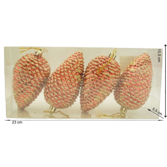 Set de 4 ornamente de brad, Flippy, de tip Con de brad, Rosu, cu ø de 5.5cm, din plastic, cu finisaj sclipitor , cutie  23  cm lungime x 10.5  cm inaltime x 5.5  cm adancime [10]