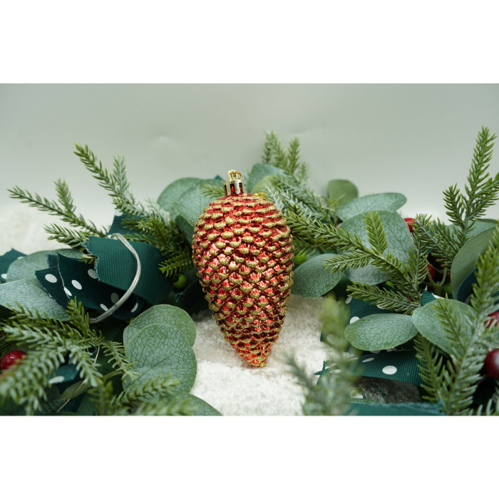 Set de 4 ornamente de brad, Flippy, de tip Con de brad, Rosu, cu ø de 5.5cm, din plastic, cu finisaj sclipitor , cutie  23  cm lungime x 10.5  cm inaltime x 5.5  cm adancime [2]