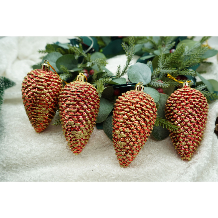 Set de 4 ornamente de brad, Flippy, de tip Con de brad, Rosu, cu ø de 5.5cm, din plastic, cu finisaj sclipitor , cutie  23  cm lungime x 10.5  cm inaltime x 5.5  cm adancime [3]