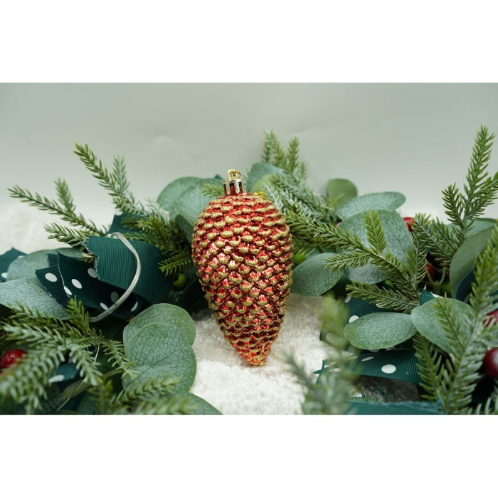 Set de 4 ornamente de brad, Flippy, de tip Con de brad, Rosu, cu ø de 5.5cm, din plastic, cu finisaj sclipitor , cutie  23  cm lungime x 10.5  cm inaltime x 5.5  cm adancime [7]