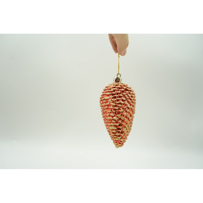 Set de 4 ornamente de brad, Flippy, de tip Con de brad, Rosu, cu ø de 5.5cm, din plastic, cu finisaj sclipitor , cutie  23  cm lungime x 10.5  cm inaltime x 5.5  cm adancime [6]