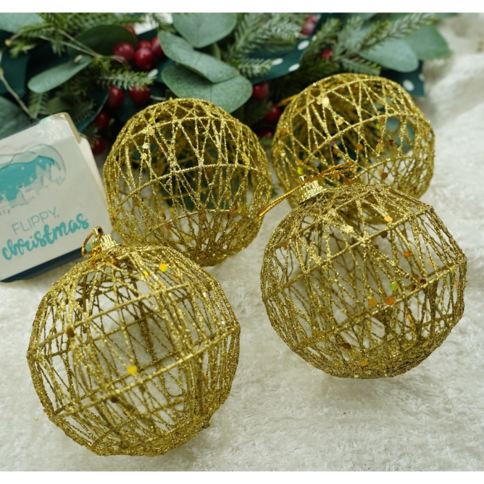 Set de 4 ornamente de brad, Flippy, de tip Glob, Auriu, cu ø de 8 cm, din metal, cu finisaj sclipitor , cutie  8  cm adancime x 32  cm lungime x 8  cm inaltime [7]
