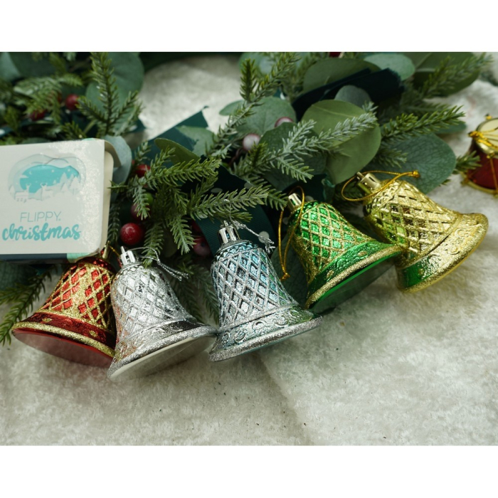 Set de 6 ornamente de brad, Flippy, de tip Clopotel, Multicolor, cu ø de 5.5 cm, din plastic, cu finisaj sclipitor , cutie  22  cm lungime x 6.7  cm inaltime x 5  cm adancime [6]