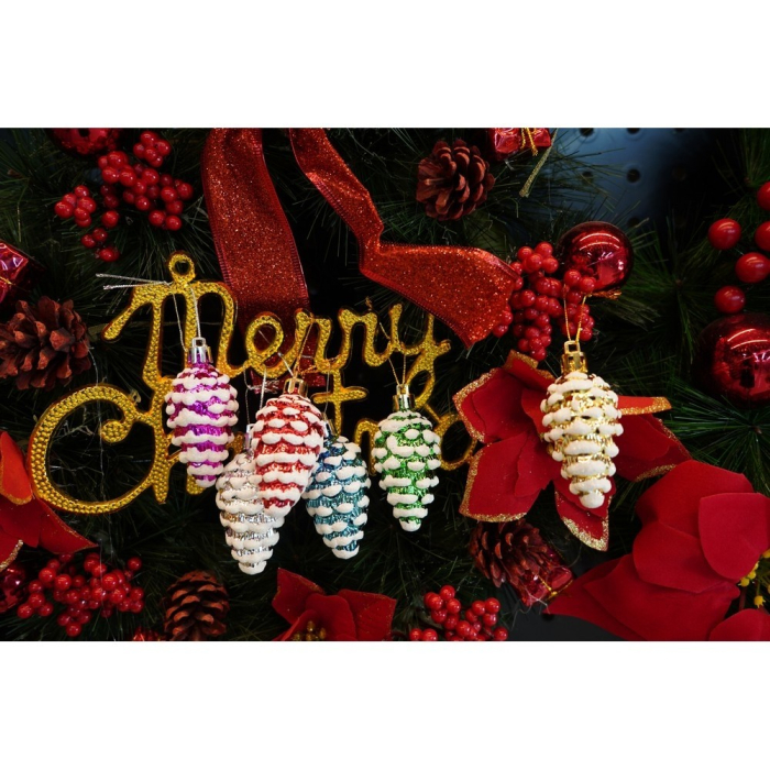 Set de 6 ornamente de brad, Flippy, de tip Con de brad, Multicolor, cu ø de 3.5 cm, din plastic, cu finisaj sclipitor , cutie  21  cm lungime x 6.5  cm inaltime x 3.6  cm adancime [9]