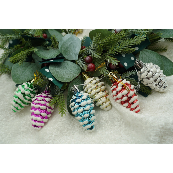 Set de 6 ornamente de brad, Flippy, de tip Con de brad, Multicolor, cu ø de 3.5 cm, din plastic, cu finisaj sclipitor , cutie  21  cm lungime x 6.5  cm inaltime x 3.6  cm adancime [1]