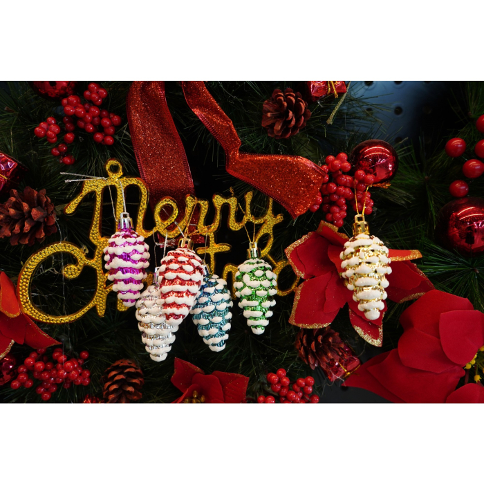 Set de 6 ornamente de brad, Flippy, de tip Con de brad, Multicolor, cu ø de 3.5 cm, din plastic, cu finisaj sclipitor , cutie  21  cm lungime x 6.5  cm inaltime x 3.6  cm adancime [4]