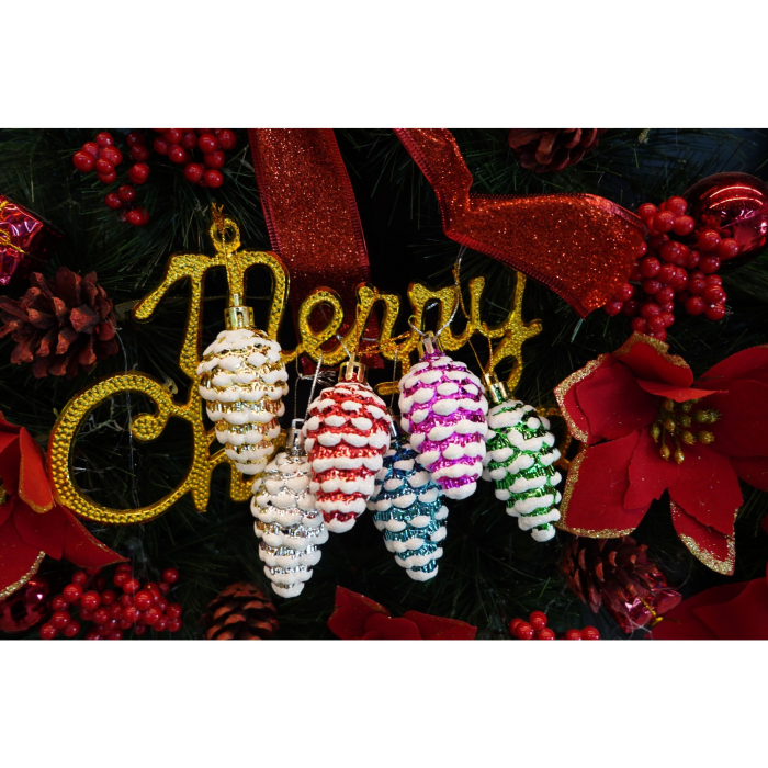 Set de 6 ornamente de brad, Flippy, de tip Con de brad, Multicolor, cu ø de 3.5 cm, din plastic, cu finisaj sclipitor , cutie  21  cm lungime x 6.5  cm inaltime x 3.6  cm adancime [3]