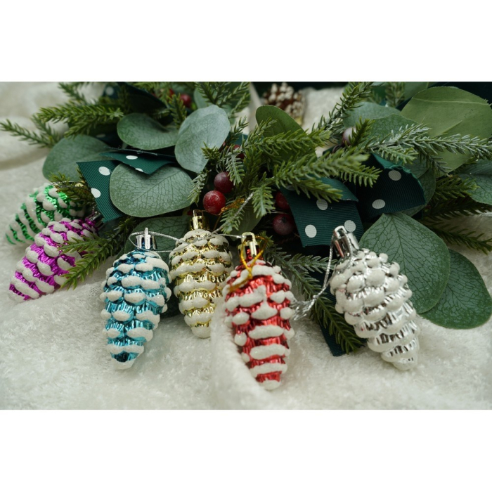 Set de 6 ornamente de brad, Flippy, de tip Con de brad, Multicolor, cu ø de 3.5 cm, din plastic, cu finisaj sclipitor , cutie  21  cm lungime x 6.5  cm inaltime x 3.6  cm adancime [7]