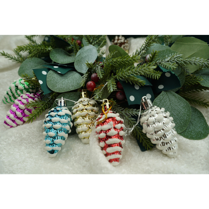 Set de 6 ornamente de brad, Flippy, de tip Con de brad, Multicolor, cu ø de 3.5 cm, din plastic, cu finisaj sclipitor , cutie  21  cm lungime x 6.5  cm inaltime x 3.6  cm adancime [2]