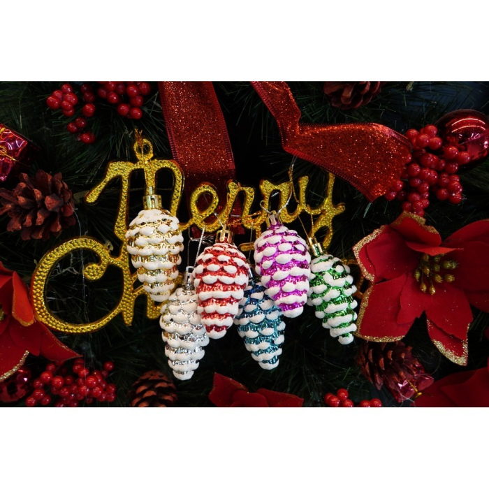 Set de 6 ornamente de brad, Flippy, de tip Con de brad, Multicolor, cu ø de 3.5 cm, din plastic, cu finisaj sclipitor , cutie  21  cm lungime x 6.5  cm inaltime x 3.6  cm adancime [8]