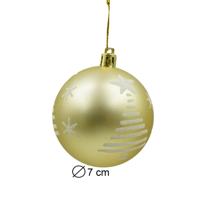 Set de 6 ornamente de brad, Flippy, de tip Glob, Alb/ Auriu, cu ø de 7 cm, din plastic, cu finisaj sclipitor , cutie  21  cm inaltime x 14  cm lungime x 7  cm adancime [10]