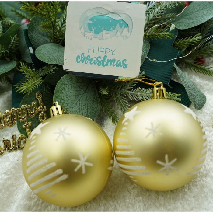 Set de 6 ornamente de brad, Flippy, de tip Glob, Alb/ Auriu, cu ø de 7 cm, din plastic, cu finisaj sclipitor , cutie  21  cm inaltime x 14  cm lungime x 7  cm adancime [8]