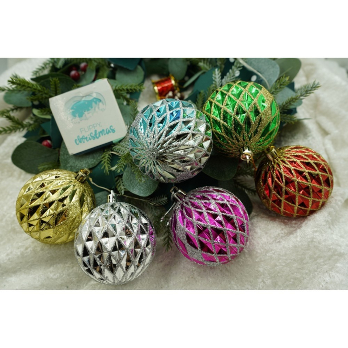Set de 6 ornamente de brad, Flippy, de tip Glob, Multicolor, cu ø de 8 cm, din plastic, cu finisaj sclipitor , cutie  24  cm inaltime x 16  cm lungime x 8  cm adancime [7]