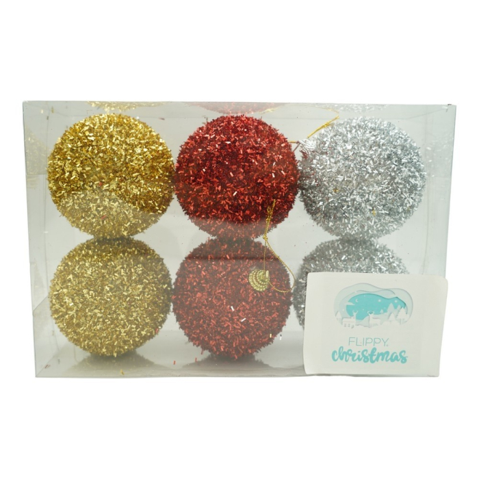 Set de 6  ornamente de brad, Flippy, de tip Glob, Multicolor, cu ø de 8 cm, din polistiren, cu finisaj sclipitor , cutie  16  cm inaltime x 24  cm lungime x 8  cm adancime [1]
