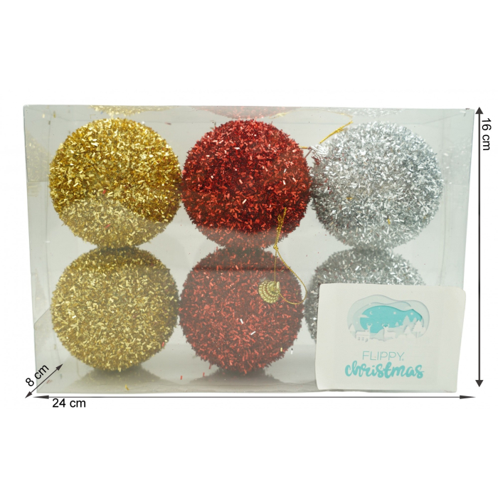 Set de 6  ornamente de brad, Flippy, de tip Glob, Multicolor, cu ø de 8 cm, din polistiren, cu finisaj sclipitor , cutie  16  cm inaltime x 24  cm lungime x 8  cm adancime [6]