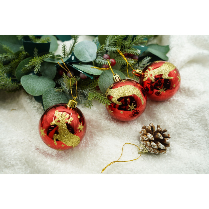 Set de 6 ornamente de brad, Flippy, de tip Glob, Rosu/ Auriu, cu ø de 6 cm, din plastic, cu finisaj sclipitor , cutie  18  cm inaltime x 12  cm lungime x 6  cm adancime [3]