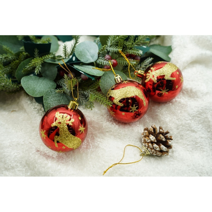 Set de 6 ornamente de brad, Flippy, de tip Glob, Rosu/ Auriu, cu ø de 6 cm, din plastic, cu finisaj sclipitor , cutie  18  cm inaltime x 12  cm lungime x 6  cm adancime [8]