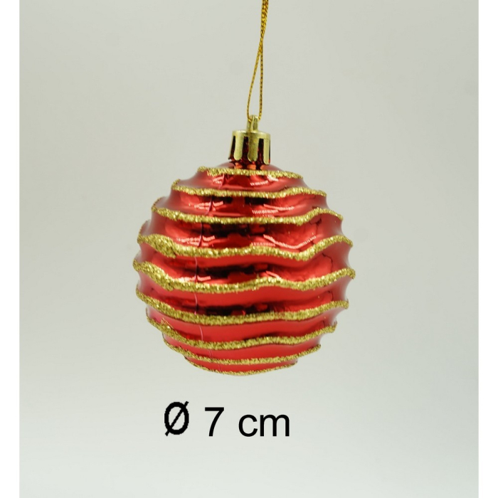 Set de 6 ornamente de brad, Flippy, de tip Glob, Rosu/ Auriu, cu ø de 7 cm, din plastic, cu finisaj sclipitor , cutie  21  cm inaltime x 14  cm lungime x 7  cm adancime [10]