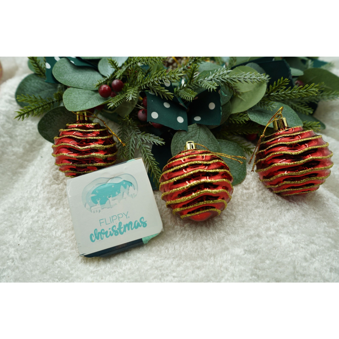Set de 6 ornamente de brad, Flippy, de tip Glob, Rosu/ Auriu, cu ø de 7 cm, din plastic, cu finisaj sclipitor , cutie  21  cm inaltime x 14  cm lungime x 7  cm adancime [2]