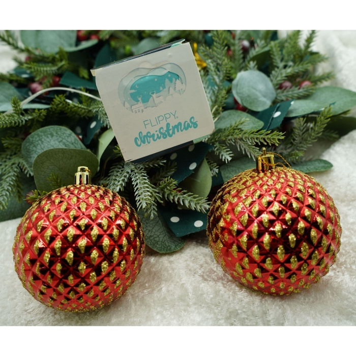 Set de 6 ornamente de brad, Flippy, de tip Glob, Rosu/ Auriu, cu ø de 8 cm, din plastic, cu finisaj sclipitor , cutie  24  cm inaltime x 16  cm lungime x 8  cm adancime [7]