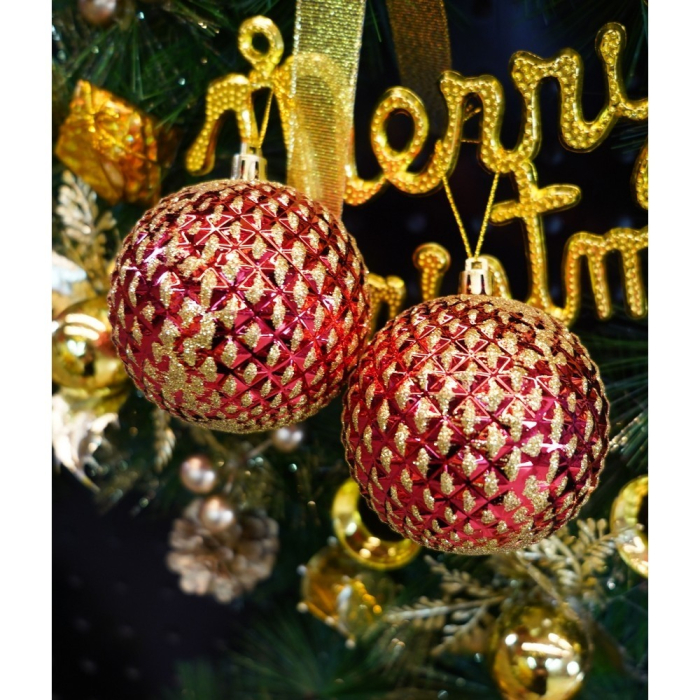 Set de 6 ornamente de brad, Flippy, de tip Glob, Rosu/ Auriu, cu ø de 8 cm, din plastic, cu finisaj sclipitor , cutie  24  cm inaltime x 16  cm lungime x 8  cm adancime [8]